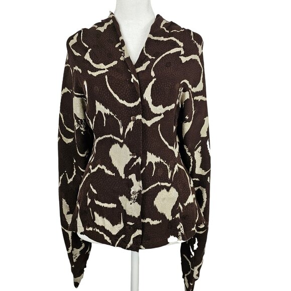 Max Mara Women's US 14 Pure Silk Blouse  Italy Swirl Brown Business Casual Top - Picture 1 of 16